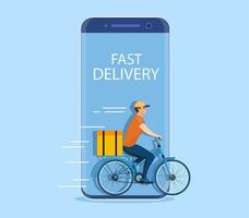 online levering onderhoud concept, levering huis en kantoor. fiets koerier. goederen Verzenden, levering Mens rijden een fiets uit van de telefoon. snel voedsel levering app vector illustratie in vlak stijl