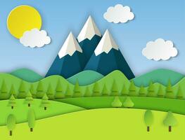 papier besnoeiing zomer landschap. zomer landschap met groen heuvels en blauw lucht, wit wolken. vector illustratie