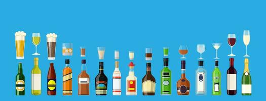 alcohol drankjes verzameling. flessen met bril. wodka Champagne wijn whisky bier brandewijn tequila cognac likeur vermout gin rum absint bourbon. vector illustratie in vlak stijl