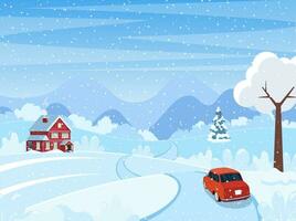 auto Aan de weg. schattig winter landschap. vrolijk Kerstmis vakantie. nieuw jaar en Kerstmis viering. vector illustratie in vlak stijl