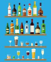 alcohol drankjes verzameling. flessen met bril. wodka Champagne wijn whisky bier brandewijn tequila cognac likeur vermout gin rum absint bourbon. vector illustratie in vlak stijl