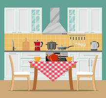 modern keuken interieur met meubilair en Koken apparaten. grafisch ontwerp sjabloon. werken oppervlakte voor Koken. vector illustratie in vlak ontwerp