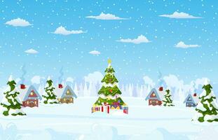 Kerstmis landschap achtergrond met Kerstmis boom met gifbox. vrolijk Kerstmis vakantie. nieuw jaar en Kerstmis viering. vector illustratie in vlak stijl