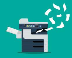 professioneel kantoor kopieerapparaat, multifunctioneel printer het drukken papier documenten. printer en kopieerapparaat machine voor kantoor werk. vector illustratie in vlak stijl