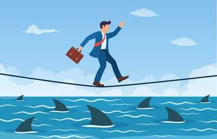 zakenman wandelen een strakke koord over- haai in water. manier naar succes. hindernis Aan weg. risico beheer uitdaging. succes concept. vector illustratie in vlak stijl.