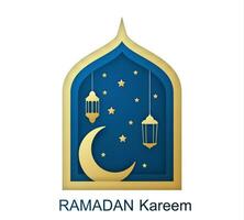 Ramadan kareem groet kaart, ontwerp met 3d papier besnoeiing symbolen van Ramadan mubarak, hangende goud lantaarns, Arabisch lampen, ster, papier kunst vector en illustratie