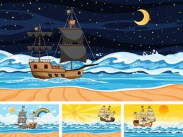 set van oceaan met piratenschip op verschillende tijdstippen scènes in cartoon-stijl vector