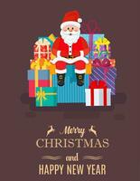 de kerstman claus zit door dozen met geschenken. Kerstmis groet kaart sjabloon.vector illustratie in vlak stijl vector