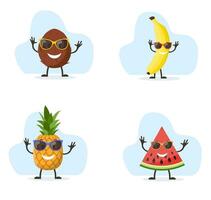 schattig en grappig ananas, watermeloen, kokosnoot ,banaan karakter met zonnebril. kleurrijk zomer ontwerp. vector illustratie in vlak stijl