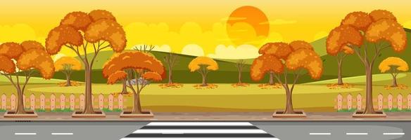 park langs de straat in de herfst seizoen horizontale scène bij zonsondergang tijd vector