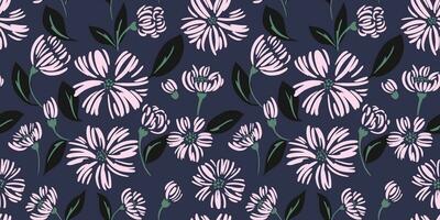 modieus gemakkelijk vorm bloemen naadloos patroon Aan een donker achtergrond. vector tekening hand- getrokken schetsen. abstract madeliefje bloemen afdrukken. ontwerp voor mode, textiel, kleding stof, behang