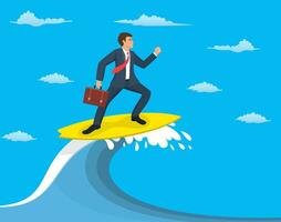 zakenman surfing Aan Golf, succes bedrijf concept. vector illustratie in vlak stijl