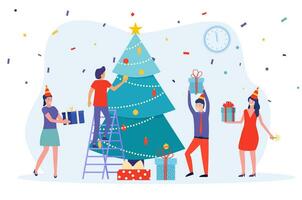 mensen reeks Kerstmis boom decoratie en geven Cadeau naar elk ander. vieren nieuw jaar. gebruik voor, landen bladzijde, sjabloon, ui, web, Startpagina, poster, banier, folder. vector illustratie in vlak stijl