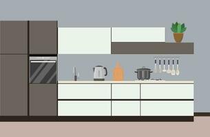 modern keuken interieur met meubilair en Koken apparaten. grafisch ontwerp sjabloon. werken oppervlakte voor Koken. vector illustratie in vlak ontwerp