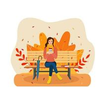 gelukkig meisje zittend Aan een bank met een kop van koffie, onder een boom met vallend bladeren in een park. mooi herfst stad park met bank. vector illustratie in vlak stijl