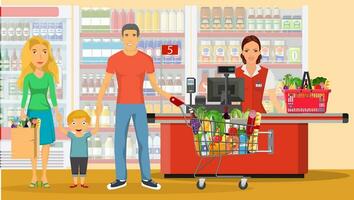 familie boodschappen doen tekens set, winkelen, geïsoleerd Aan wit. groep mensen. winkelcentrum winkelen, online winkelen, gezond aan het eten, familie met voedsel van de supermarkt. vector illustratie in vlak stijl