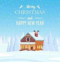 Kerstmis landschap met huis en de kerstman claus in de schoorsteen. achtergrond met sneeuw en boom. vrolijk Kerstmis vakantie. nieuw jaar en Kerstmis viering. vector illustratie in vlak stijl