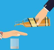 alcohol misbruik concept. hand- geeft fles van whisky naar andere hand. hou op alcoholisme. afwijzing. vector illustratie in vlak stijl