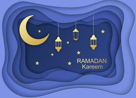 Ramadan kareem groet kaart, ontwerp met 3d papier besnoeiing symbolen van Ramadan mubarak, hangende goud lantaarns, Arabisch lampen, ster, papier kunst vector en illustratie