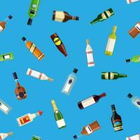 naadloos patroon achtergrond met alcohol flessen. wodka Champagne wijn whisky bier brandewijn tequila cognac likeur vermout gin rum absint bourbon. vector illustratie in vlak stijl