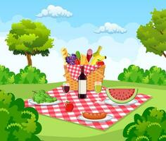 zomer picknick concept met mand vol van producten. vector illustratie in vlak stijl