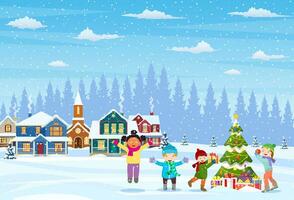 gelukkig nieuw jaar en vrolijk Kerstmis groet kaart. Kerstmis landschap. kinderen decoreren een Kerstmis boom. winter vakantie. vector illustratie in vlak stijl