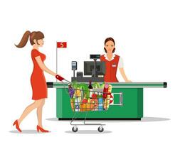 mensen boodschappen doen in supermarkt. vrouw Kassa in supermarkt. contant geld register, Kassa en koper met kar. vector illustratie in vlak stijl