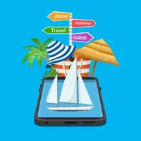 online vakantie reizen mobiel app concept. geschikt voor behang, banier, achtergrond, wegwijzer vakantie, reis, reis, vakantie. vector illustratie in vlak stijl