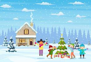 gelukkig nieuw jaar en vrolijk Kerstmis groet kaart. Kerstmis landschap. kinderen decoreren een Kerstmis boom. winter vakantie. vector illustratie in vlak stijl