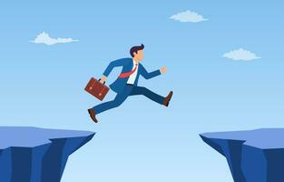 zakenman springen door de kloof in de rotsen. een werknemer met een rennen springen van een klif naar een ander. de concept van bedrijf risico en succes.vector illustratie in vlak stijl. vector