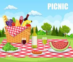 zomer picknick concept met mand vol van producten. vector illustratie in vlak stijl