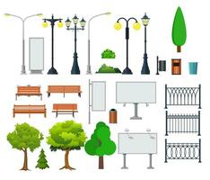 stad en buitenshuis elementen. lantarenpaal en container, struik en uithangborden. vector illustratie in vlak stijl