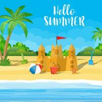 zomer vakantie. zand kasteel, emmer van zand en strand bal Aan een strand, zeester. vector illustratie in vlak stijl