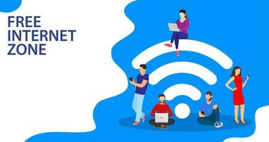 mensen in vrij internet zone gebruik makend van mobiel gadgets, tablet pc en smartphone. groot Wifi teken. vrij Wifi hotspot, Wifi bar, openbaar beoordelen zone, portable apparaat concept. vector illustratie in vlak stijl