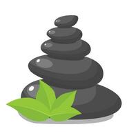 stack zwart heet stenen met bladeren, spa salon accessoire. stack basalt stenen voor heet steen massage in spa salon. vector illustratie in vlak stijl