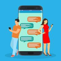 gelukkig mensen gebruik mobiel smartphonevoor chatten in sociaal media, voor, landen bladzijde, sjabloon, ui, web, mobiel app, poster, banier, folder. vector illustratie in vlak stijl