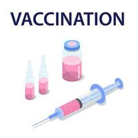 vaccinatie concept poster.ampullen en injectiespuit met een medicijn isometrische icoon. vector medisch illustratie in vlak stijl