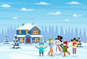 gelukkig nieuw jaar en vrolijk Kerstmis groet kaart. Kerstmis landschap.kinderen gebouw sneeuwman. winter vakantie. vector illustratie in vlak stijl
