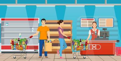 klanten mensen bij producten in supermarkt. kruidenier en consumentisme concept. leeg op te slaan planken. vector illustratie in vlak stijl