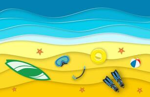 zee landschap met strand, golven, surfen planken. papier besnoeiing uit digitaal ambacht stijl. abstract blauw zee en strand zomer achtergrond met papier golven en zeekust. vector illustratie