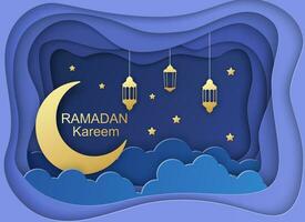 Ramadan kareem groet kaart, ontwerp met 3d papier besnoeiing symbolen van Ramadan mubarak, hangende goud lantaarns, Arabisch lampen, ster, papier kunst vector en illustratie