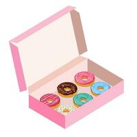 reeks van kleurrijk geglazuurd donuts, met gebakje poeder, in een doos. pictogrammen. isometrisch. vector illustratie in vlak stijl.