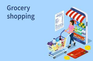 klant buying in online kruidenier winkel.kan gebruik voor web banier, infographics. boodschappen doen en supermarkt concept. vector illustratie in vlak stijl