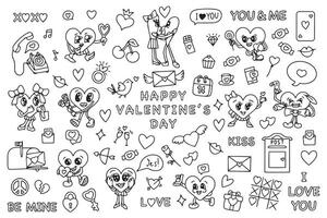 modieus groovy valentijnsdag dag sticker set. retro valentijnsdag dag. jaren 70 Jaren 60 esthetiek. wijnoogst grappig vector. vector illustratie. vector