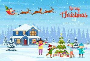 gelukkig nieuw jaar en vrolijk Kerstmis groet kaart. Kerstmis landschap. kinderen decoreren een Kerstmis boom. winter vakantie. de kerstman claus met herten in lucht. vector illustratie in vlak stijl