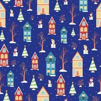 vector naadloos Kerstmis patroon. Scandinavisch huizen, sneeuwman.