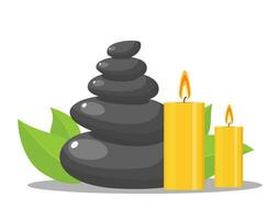zen stenen en bloemen, stenen en kaarsen voor massage en en groen bladeren, items voor meditatie. vector illustratie in vlak stijl