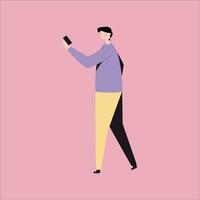 Mens met mobiel telefoon. vector illustratie in een vlak stijl Aan een roze achtergrond.