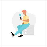 Mens gebruik makend van smartphone naar Speel video spellen. vector illustratie in vlak stijl