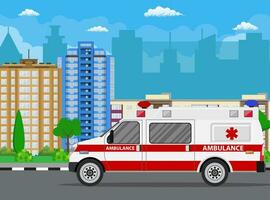 ambulance auto. stad landschap met wolkenkrabbers. vector